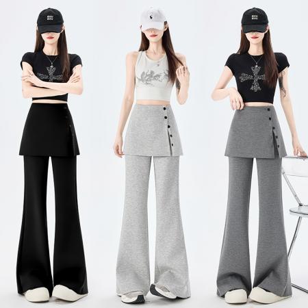 FA54801# 可拆真两件屁帘微喇裤女春季新款高腰显瘦休闲拖地喇叭裤  服裝批發女裝批發服飾貨源