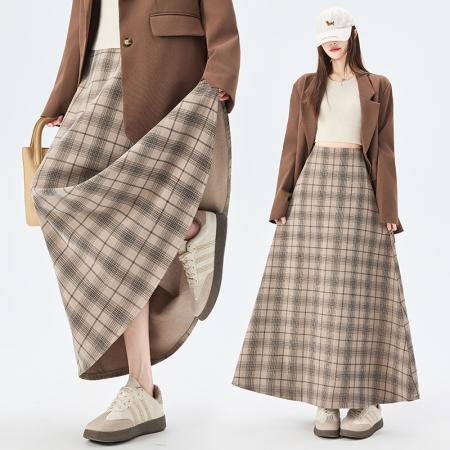 FA54802# 复古格纹半身裙女春季高腰显瘦弹力腰a字中长款大摆伞裙  服裝批發女裝批發服飾貨源