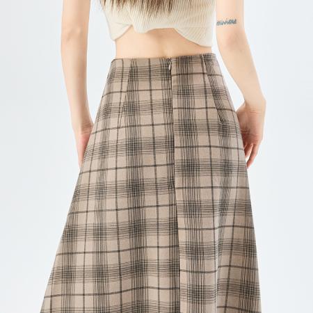 FA54802# 复古格纹半身裙女春季高腰显瘦弹力腰a字中长款大摆伞裙  服裝批發女裝批發服飾貨源