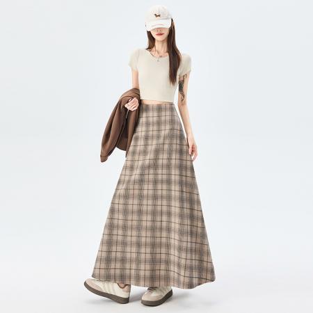 FA54802# 复古格纹半身裙女春季高腰显瘦弹力腰a字中长款大摆伞裙  服裝批發女裝批發服飾貨源