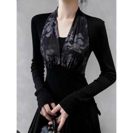 FA54803# 新款冬季高端精致气质名媛高级感轻奢法式小姿黑色假两件上衣  服裝批發女裝批發服飾貨源