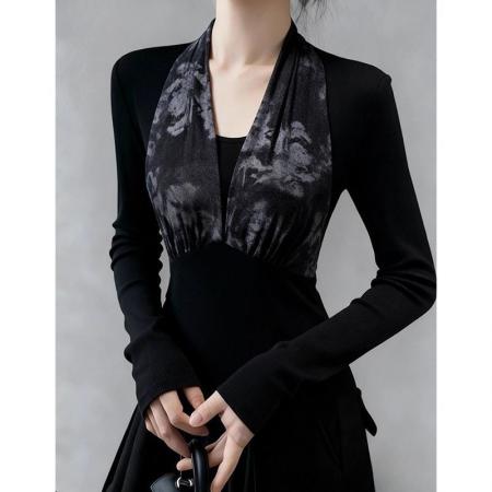 FA54803# 新款冬季高端精致气质名媛高级感轻奢法式小姿黑色假两件上衣  服裝批發女裝批發服飾貨源