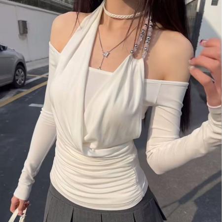 FA54804# 蜜桃家新品设计感荡领假两件挂脖白色长袖t恤女秋冬修身显瘦上衣  服裝批發女裝批發服飾貨源
