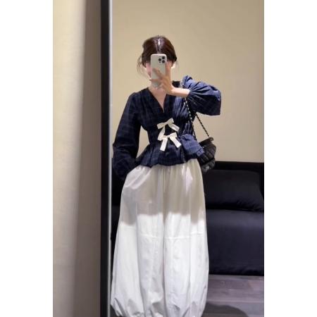 FA54805# 韩系早春格纹v领蝴蝶结衬衫  服裝批發女裝批發服飾貨源