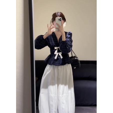 FA54805# 韩系早春格纹v领蝴蝶结衬衫  服裝批發女裝批發服飾貨源