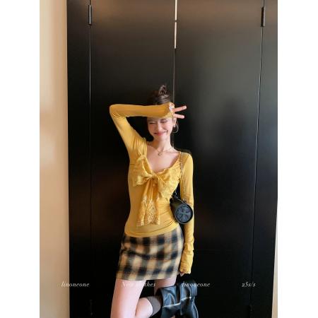 FA54807# 钓系浪漫曲线plus纯欲大U领拼蕾丝蝴蝶结长袖T恤  服裝批發女裝批發服飾貨源