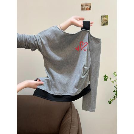 FA54809# 支棉小个子假两件肩带斜肩露肩长袖t恤早秋  服裝批發女裝批發服飾貨源