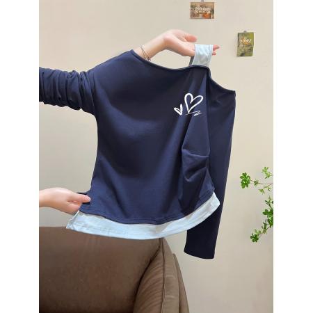 FA54809# 支棉小个子假两件肩带斜肩露肩长袖t恤早秋  服裝批發女裝批發服飾貨源