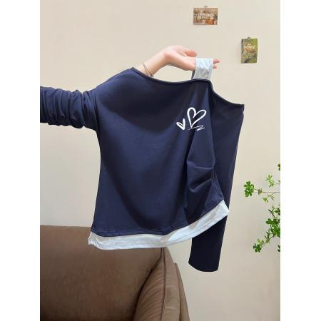 FA54809# 支棉小个子假两件肩带斜肩露肩长袖t恤早秋  服裝批發女裝批發服飾貨源