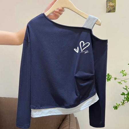 FA54809# 支棉小个子假两件肩带斜肩露肩长袖t恤早秋  服裝批發女裝批發服飾貨源