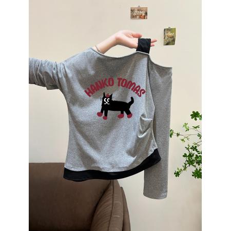 FA54810# 支棉小个子假两件肩带斜肩露肩长袖t恤早秋  服裝批發女裝批發服飾貨源