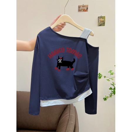 FA54810# 支棉小个子假两件肩带斜肩露肩长袖t恤早秋  服裝批發女裝批發服飾貨源