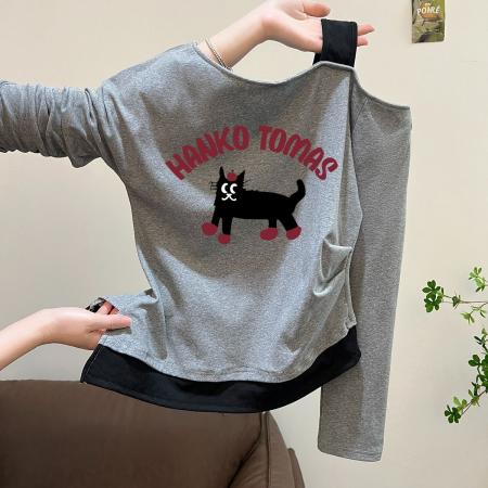 FA54810# 支棉小个子假两件肩带斜肩露肩长袖t恤早秋  服裝批發女裝批發服飾貨源