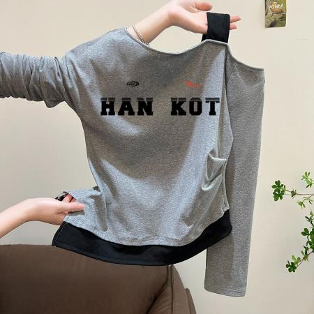 FA54811# 支棉小个子假两件肩带斜肩露肩长袖t恤早秋  服裝批發女裝批發服飾貨源