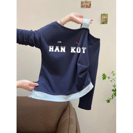 FA54811# 支棉小个子假两件肩带斜肩露肩长袖t恤早秋  服裝批發女裝批發服飾貨源