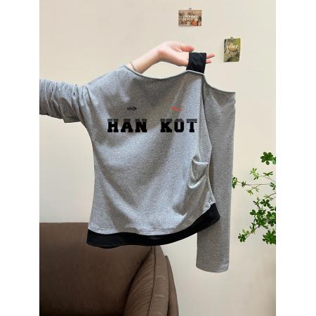 FA54811# 支棉小个子假两件肩带斜肩露肩长袖t恤早秋  服裝批發女裝批發服飾貨源