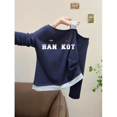 FA54811# 支棉小个子假两件肩带斜肩露肩长袖t恤早秋  服裝批發女裝批發服飾貨源