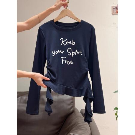 FA54812# 支棉小个子短款不规则修身长袖t恤女上衣  服裝批發女裝批發服飾貨源