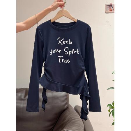 FA54812# 支棉小个子短款不规则修身长袖t恤女上衣  服裝批發女裝批發服飾貨源