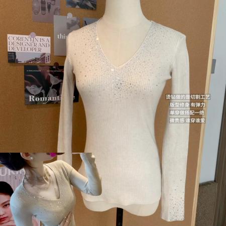 FA54815# 重工烫钻V领羊毛针织衫女秋冬法式绝美高级感修身内搭打底衫上衣  服裝批發女裝批發服飾貨源