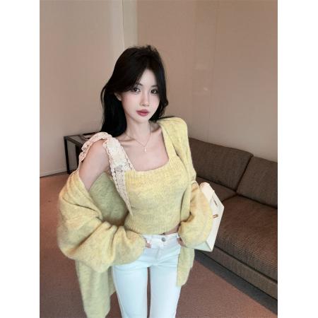 FA54816# 独特蕾丝吊带背心长袖开衫毛衣两件套女  服裝批發女裝批發服飾貨源