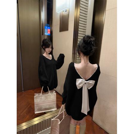 FA54817# 绝美蕾丝拼接撞色蝴蝶结性感露背针织毛衣女  服裝批發女裝批發服飾貨源