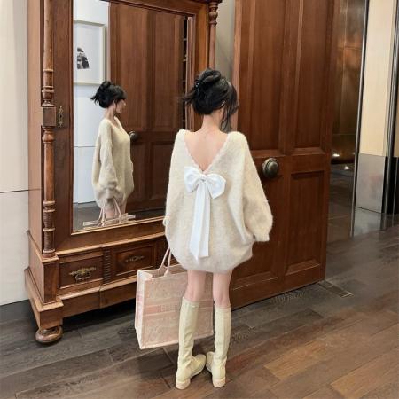 FA54817# 绝美蕾丝拼接撞色蝴蝶结性感露背针织毛衣女  服裝批發女裝批發服飾貨源