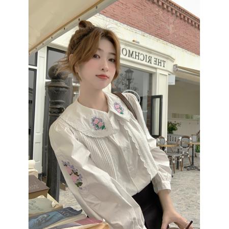 FA54818# 法式气质刺绣上衣女新款设计感小众别致白色重工长袖衬衫  服裝批發女裝批發服飾貨源