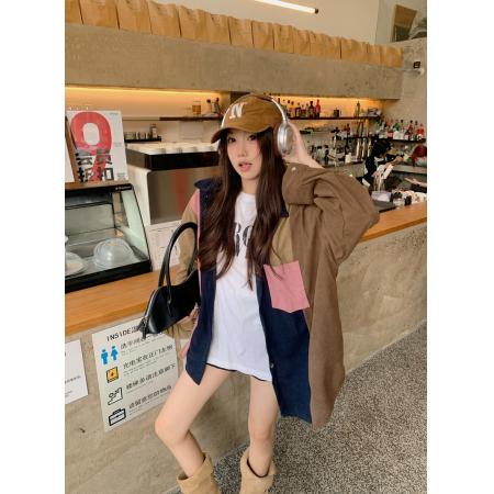 FA54820# 韩版撞色复古拼接灯芯绒长袖衬衫女百搭宽松休闲上衣外套  服裝批發女裝批發服飾貨源