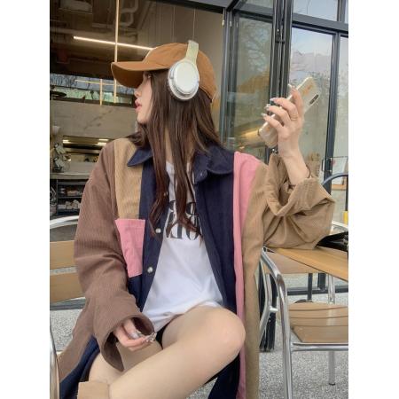 FA54820# 韩版撞色复古拼接灯芯绒长袖衬衫女百搭宽松休闲上衣外套  服裝批發女裝批發服飾貨源