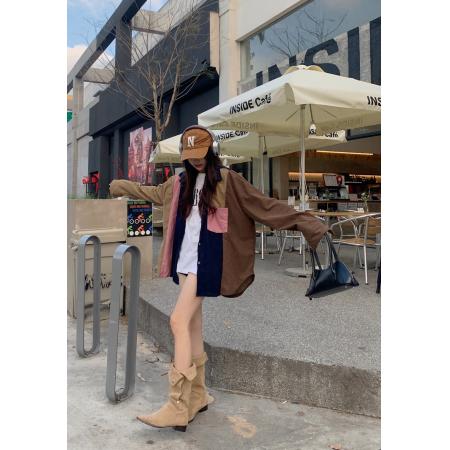 FA54820# 韩版撞色复古拼接灯芯绒长袖衬衫女百搭宽松休闲上衣外套  服裝批發女裝批發服飾貨源