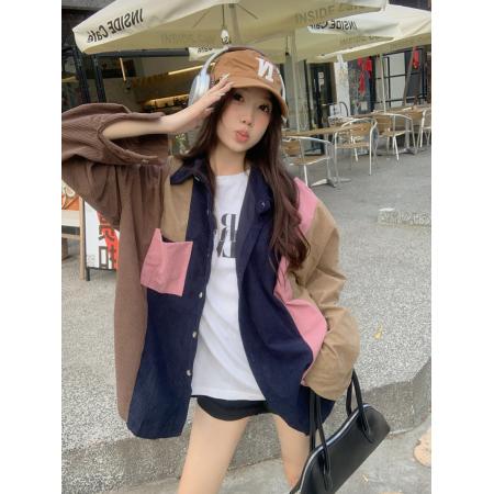 FA54820# 韩版撞色复古拼接灯芯绒长袖衬衫女百搭宽松休闲上衣外套  服裝批發女裝批發服飾貨源