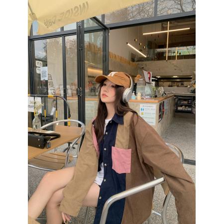 FA54820# 韩版撞色复古拼接灯芯绒长袖衬衫女百搭宽松休闲上衣外套  服裝批發女裝批發服飾貨源