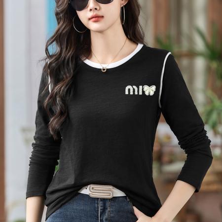 FA54821# 早春季新款正肩长袖t恤女纯棉减龄时尚设计感竹节棉上衣打底衫女  服裝批發女裝批發服飾貨源