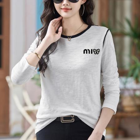 FA54821# 早春季新款正肩长袖t恤女纯棉减龄时尚设计感竹节棉上衣打底衫女  服裝批發女裝批發服飾貨源