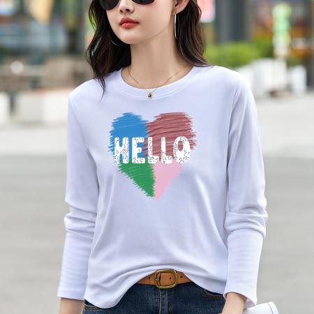 FA54823# 正肩长袖白色t恤女圆领春季烫钻内搭打底衫宽松大码体恤简约上衣  服裝批發女裝批發服飾貨源