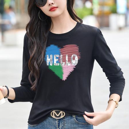 FA54823# 正肩长袖白色t恤女圆领春季烫钻内搭打底衫宽松大码体恤简约上衣  服裝批發女裝批發服飾貨源