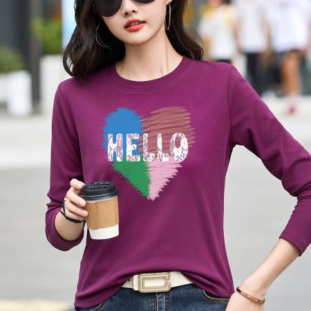 FA54823# 正肩长袖白色t恤女圆领春季烫钻内搭打底衫宽松大码体恤简约上衣  服裝批發女裝批發服飾貨源