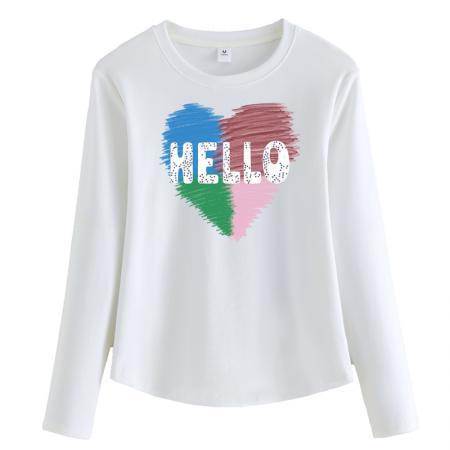 FA54823# 正肩长袖白色t恤女圆领春季烫钻内搭打底衫宽松大码体恤简约上衣  服裝批發女裝批發服飾貨源