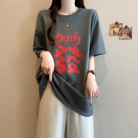 FA54826# 大码女装早春发财印花T恤宽松百搭红色中长款上衣  服裝批發女裝批發服飾貨源