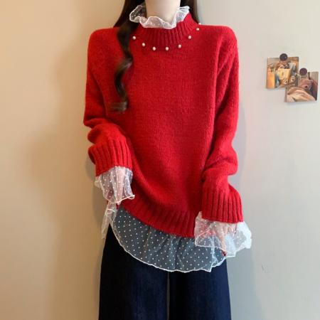 FA54828# 大码女装红色复古钉珠蕾丝拼接针织衫洋气百搭减龄显瘦毛衣  服裝批發女裝批發服飾貨源