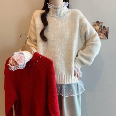 FA54828# 大码女装红色复古钉珠蕾丝拼接针织衫洋气百搭减龄显瘦毛衣  服裝批發女裝批發服飾貨源