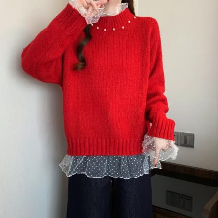 FA54828# 大码女装红色复古钉珠蕾丝拼接针织衫洋气百搭减龄显瘦毛衣  服裝批發女裝批發服飾貨源