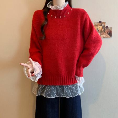 FA54828# 大码女装红色复古钉珠蕾丝拼接针织衫洋气百搭减龄显瘦毛衣  服裝批發女裝批發服飾貨源