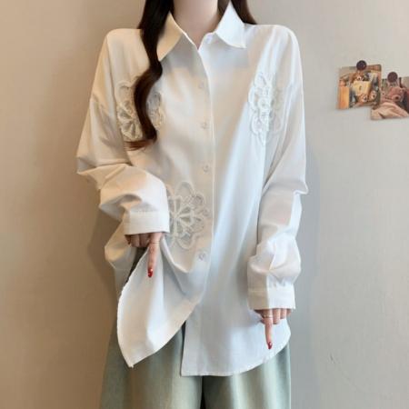 FA54829# 大码女装立体花朵重工钉珠白色衬衫外套春季新款显瘦上衣  服裝批發女裝批發服飾貨源