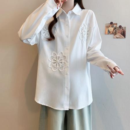 FA54829# 大码女装立体花朵重工钉珠白色衬衫外套春季新款显瘦上衣  服裝批發女裝批發服飾貨源