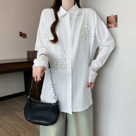 FA54829# 大码女装立体花朵重工钉珠白色衬衫外套春季新款显瘦上衣  服裝批發女裝批發服飾貨源