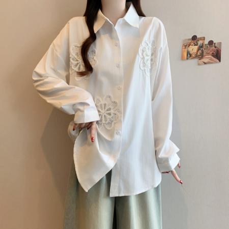 FA54829# 大码女装立体花朵重工钉珠白色衬衫外套春季新款显瘦上衣  服裝批發女裝批發服飾貨源