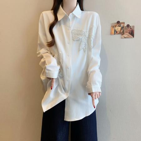 FA54830# 大码女装立体蝴蝶设计感重工钉珠衬衫早春新款显瘦上衣  服裝批發女裝批發服飾貨源