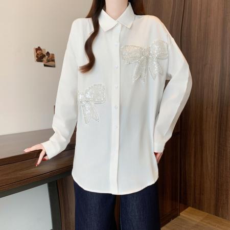 FA54830# 大码女装立体蝴蝶设计感重工钉珠衬衫早春新款显瘦上衣  服裝批發女裝批發服飾貨源